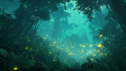 Fototapeta premium Enchanted Forest with Glowing Fireflies at Night