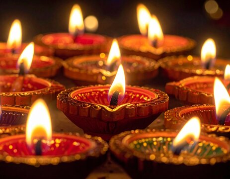 Close-up of diya lamps glowing for Navaratri festival