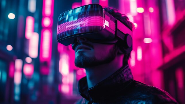 Young man male in virtual reality headset surrounded by neon futuristic city lights, immersed in digital worlds, VR gaming, cyberpunk lifestyle, future technology, evolution of immersive experiences. - Powered by Adobe
