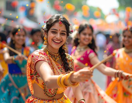 Women performing dandiya raas dance with sticks