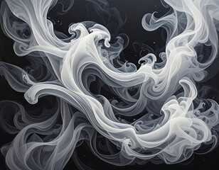 Abstract grayscale artwork depicting swirling, ethereal smoke-like forms against a dark background