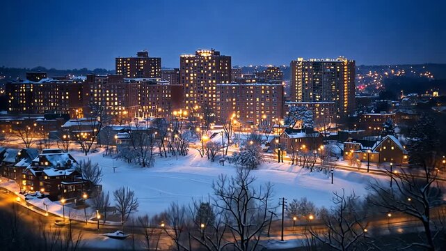 Expansive view of snow covered city at dusk featuring brightly lit apartment buildings with tranquil park adorned fresh winter snow for serene urban evening landscape concept
