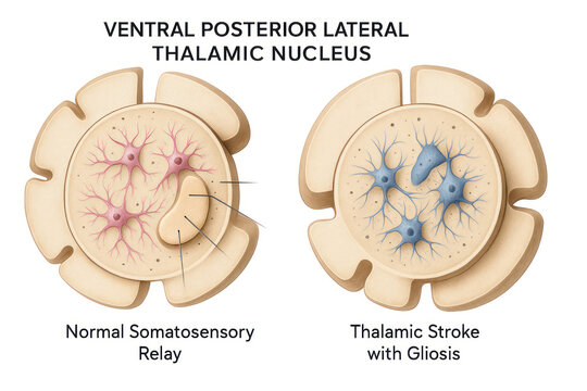 Illustration showing a normal somatosensory relay in the ventral posterior lateral thalamic nucleus compared to a thalamic stroke with gliosis.