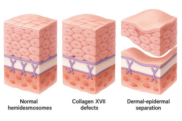 Illustration of normal hemidesmosomes, collagen XVII defects, and dermal-epidermal separation