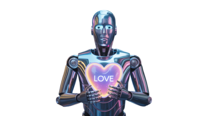 Futuristic Robot Holding a Glowing Heart With Love Message