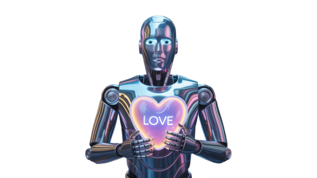 Futuristic Robot Holding a Glowing Heart With Love Message