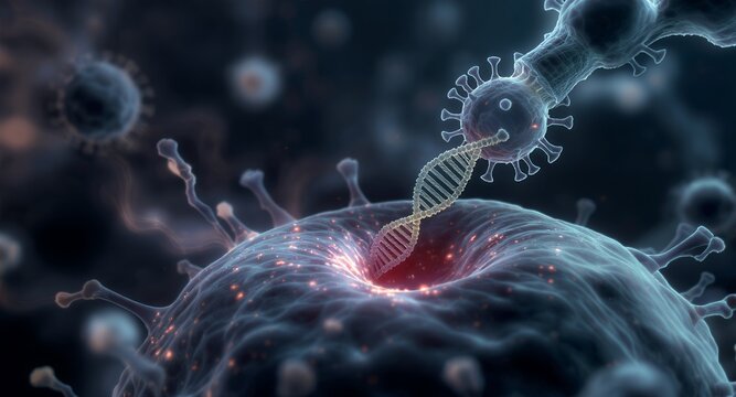 Microscopic View of Viral Particle Interacting With DNA Strand