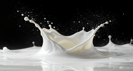 Milky Liquid Splash With Droplets, Isolated on Black Background