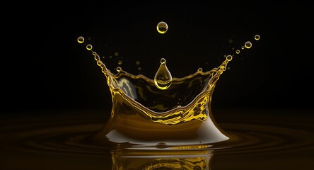 A splash of golden liquid, water droplet impacting a surface, creating an eye-catching crown shape.