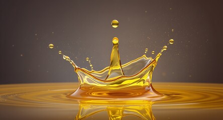 Liquid Crown Splash on Surface, Golden Droplet Impact with Reflection