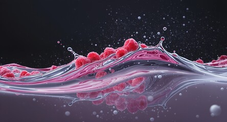 Raspberry Splash Vibrant Red Berries in Water with Bubbles, Macro Photography
