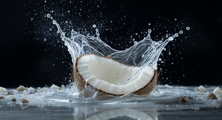 Coconut splash with water droplets on black background
