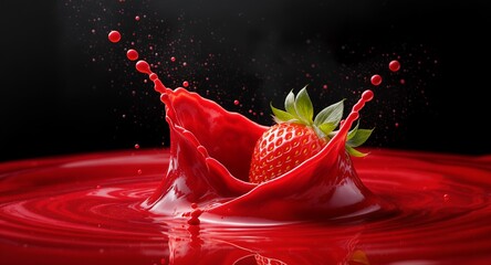 Strawberry Splash Juicy Fruit in Red Liquid, Artistic Food Photography