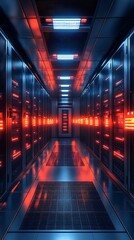 Ultra-modern server room illuminated by glowing red and blue led panels