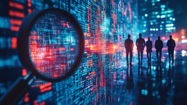 Futuristic cyber security concept, silhouettes of people standing near illuminated digital code walls, magnifying glass highlighting data, online safety, data analysis, surveillance, digital identity
