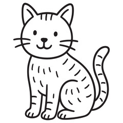 A simple, smiling cartoon cat with stripes and a long tail, sitting upright. A clean outline drawing perfect for a children's easy coloring page or sticker.