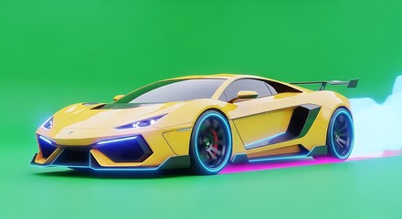 Futuristic Yellow Supercar with Neon Lights Drifting.