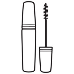 A simple black and white line art outline of an open mascara tube with the cap off and the brush or wand held beside it, ready for coloring or use as a beauty graphic.