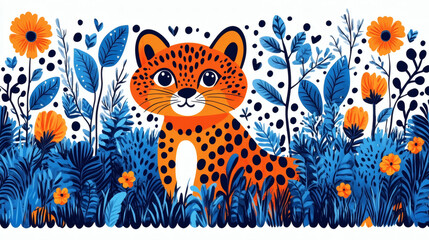 Cute leopard in floral garden