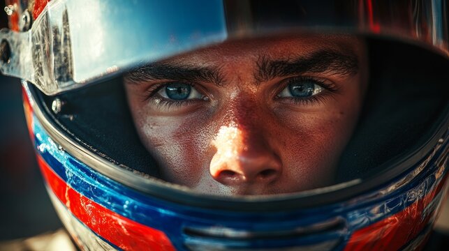 A close-up portrait of a determined race car driver in a colorful helmet, eyes filled with focus and intensity, the spirit of speed, competition, and adrenaline-driven pursuit of victory on the track.