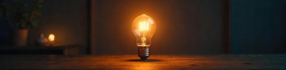 A single lightbulb illuminates a dark room, casting a warm glow on surrounding objects, symbolizing inspiration and new ideas The scene evokes creativity and problem-solving , brainstorm, power