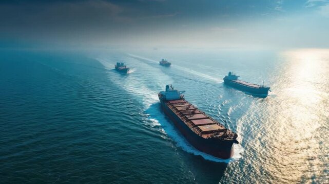 Maritime Armada: A convoy of colossal cargo ships navigates the tranquil waters of the open sea, showcasing their role in global commerce and trade in this photorealistic image.