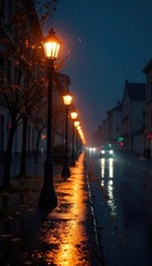 A solitary street lamp illuminates a dark, rain-slicked street at night, casting a warm glow on the pavement The scene evokes a sense of quiet solitude and urban atmosphere , dark, glow