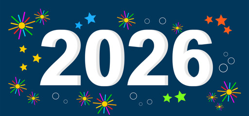 Naklejka premium 2026 New Year Celebration Background with Fireworks, Stars, and Decorative Circles on Dark Night Sky – Festive Party Poster Design