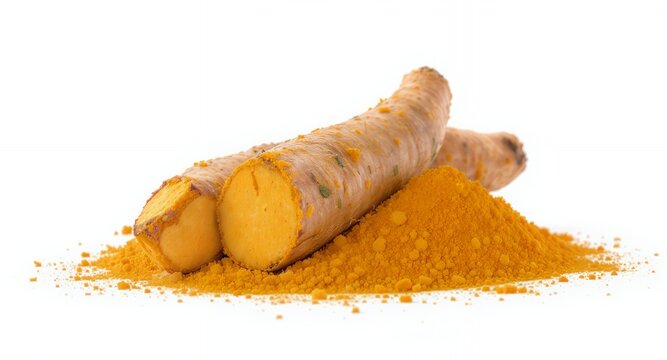 A vibrant photo of turmeric roots and powder against a white backdrop
