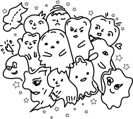 Hand-Drawn Cute Ghost Characters Doodle Illustration with Funny Expressions and Stars – Black and White Cartoon Design