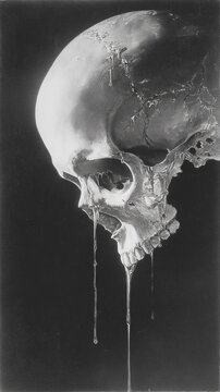 Black and white surrealist skull melting down the page, bizarre and trippy dark concept artwork with eerie horror atmosphere, strange abstract design symbolizing fear, decay and nightmare visions