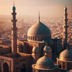Elegant Brown Mosque Interior with Minimalist Pastel Lantern Decor