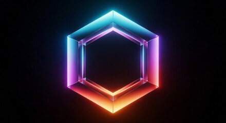 Striking glowing hexagonal prism with vibrant neon light effects against a dark, starry background, symbolizing innovation and future tech