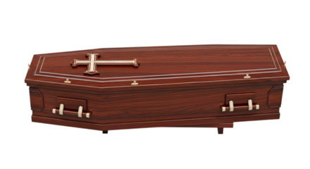 Closed wooden coffin isolated on white background for halloween concept