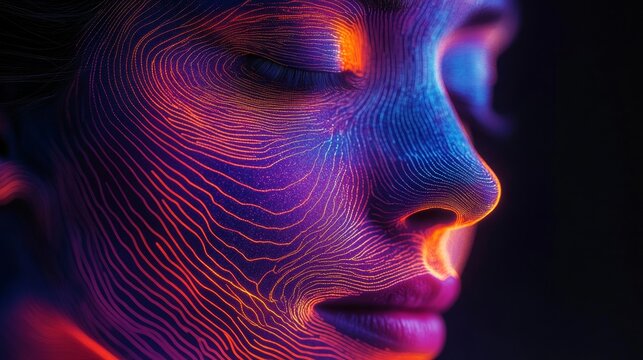Surreal portrait of woman with glowing neon lines across face in vibrant colors, creativity, technology, futuristic art, imagination, identity, fusion of modern innovation with digital visualization.