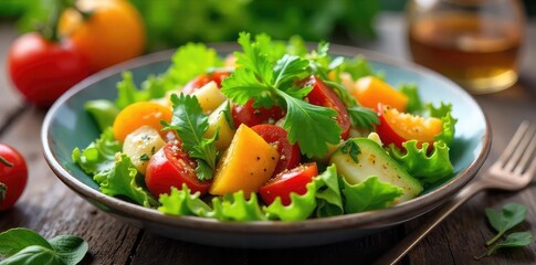 A vibrant and colorful vegetarian salad brimming with fresh greens, crunchy vegetables, and a delightful vinaigrette dressing Perfect for a healthy and delicious meal , corn, healthy eating