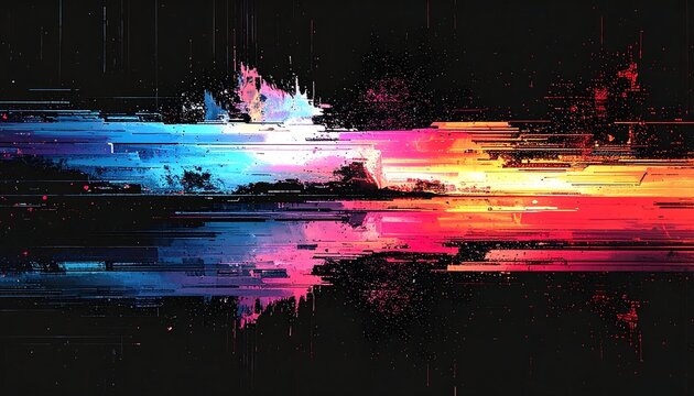Abstract digital art; vibrant, horizontal streaks of blue, pink, and orange/red on a black background, resembling a glitch effect