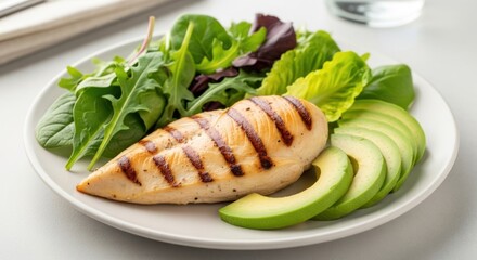 A plate of grilled chicken breast with avocado slices and mixed greens on a white plate.
