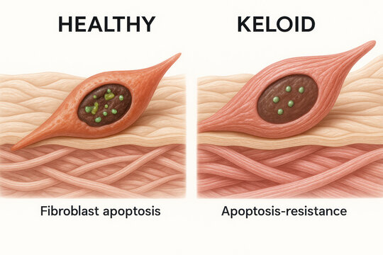Illustration of healthy skin cells vs. keloid scar formation