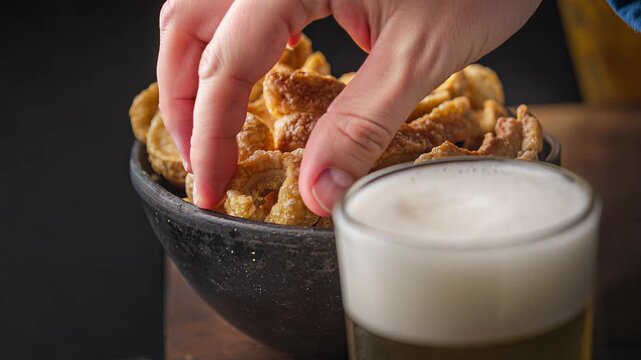 Close-up of crispy pork cracklings in a black bowl with a glass of cold beer in the foreground. Traditional snack and drink combination.