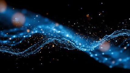 Dynamic digital network pulse with glowing blue nodes and orange particles creating an abstract waveform, suggesting data flow and connectivity in a futuristic technological landscape - Powered by Adobe