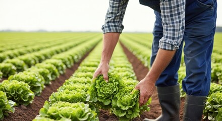 A farmer in a field of green lettuce, wearing a plaid shirt and blue pants, is holding a head of lettuce.