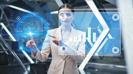 Businesswoman Interacting with Holographic Data Display. - Powered by Adobe