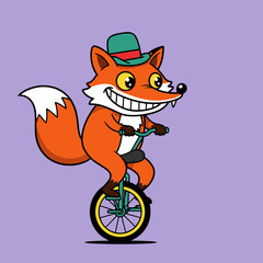 Grinning cartoon fox wearing a green hat rides a yellow-green unicycle on a light purple background. © bima