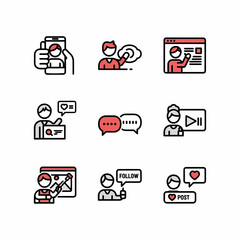 Diverse social media engagement icons displaying online interactions and user activities