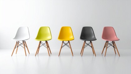 A vibrant collection of contemporary dining chairs in multiple colors, creating a minimalist and rhythmic design statement