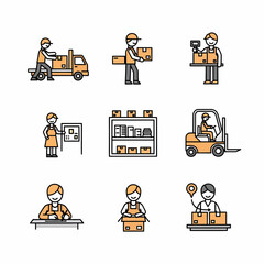 Collection of logistics and warehouse management icons showcasing various activities