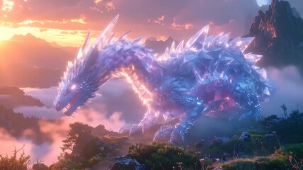Crystal Dragon Roaming Fantasy Landscape at Sunset - Powered by Adobe