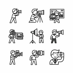 Illustrations of photographers with various cameras and equipment showing a progression