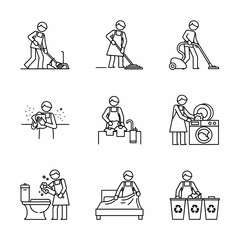 Collection of cleaning and housework line icons for domestic tasks representation